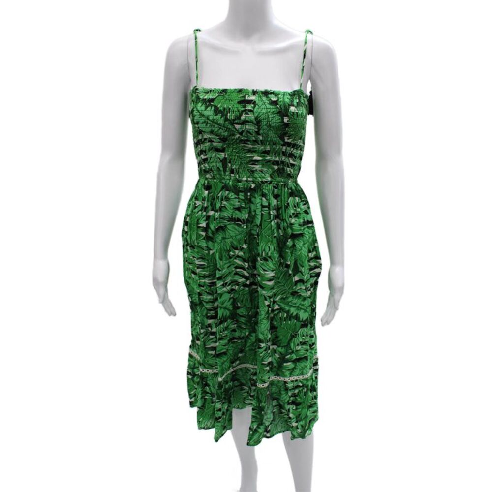 Kos Resort Women Sundress Green Floral Viscose Square Neck Sleeveless Size XS